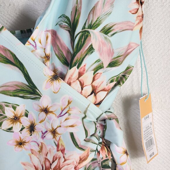 Kona Sol Sea Blue Pink Floral Lined High Coverage One Piece Bathing Suit SM 4-6 - Picture 7 of 16